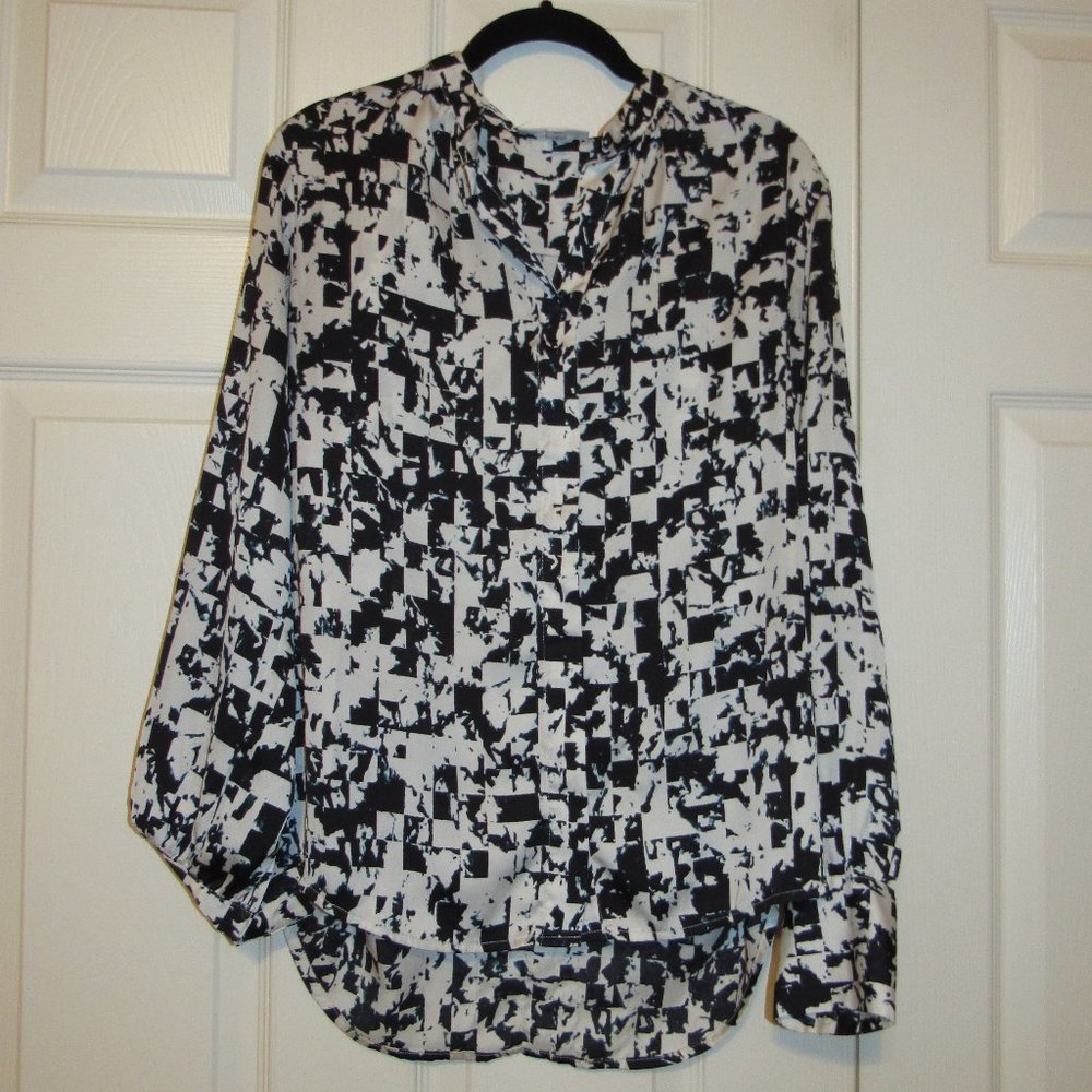 Prologue S Polyester Button Up Silky Long Sleeve Blouse Black/White/Blue